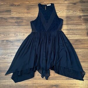 Abercrombie Navy Blue Asymmetrical Dress High Neck Mesh Embroidered Floral Large